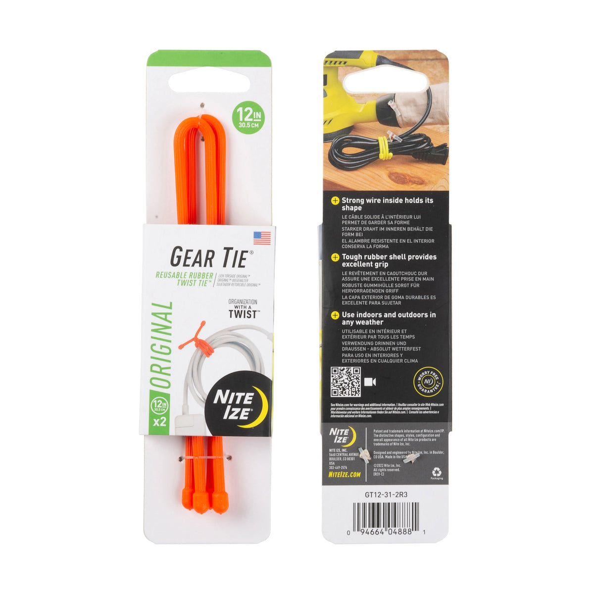 Nite Ize Gear Tie 12 Inch Reusable Twist Tie Orange 2 Pack
