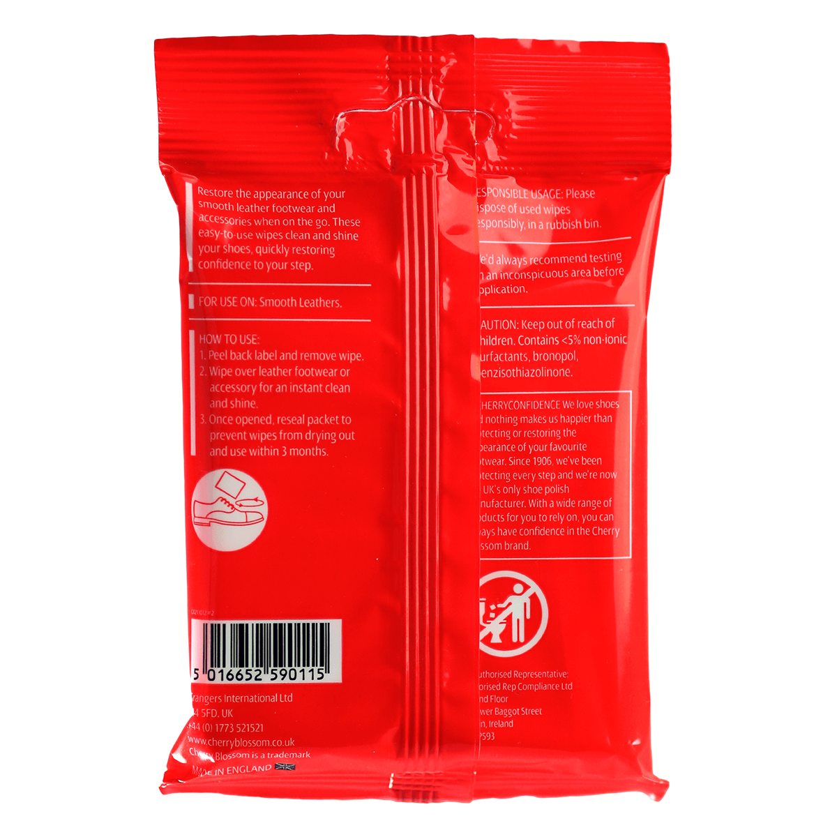 Cherry Blossom Shoe Wipes product image rear packaging with instructions